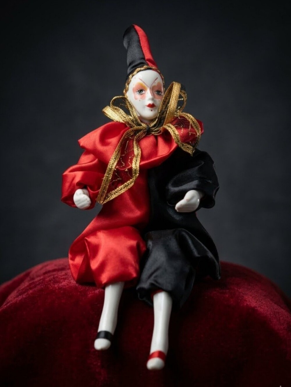 Vintage Porcelain Harlequin Doll - Red and Black Jester 80s